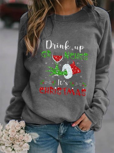 Women's Christmas Drink Up It's Christmas Wine Green Monster Print Sweatshirt