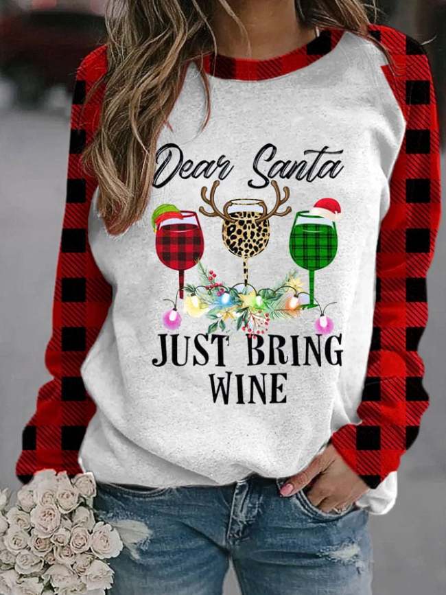 Women's Christmas Dear Santa Just Bring Wine Check Leopard Print Sweatshirt