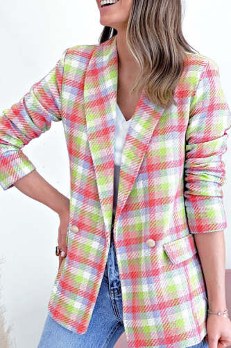 Rowangirl Fashion Plaid Lapel Long Sleeve Pockets Slim Suit Coat