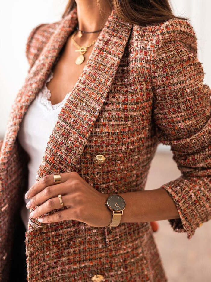 Women's Blazers Check Print Double Breasted Long Sleeve Blazer