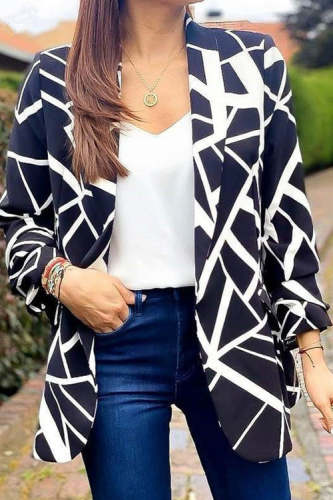 Rowangirl  Fashion Printed Lapel Long Sleeve Slim Suit Coat