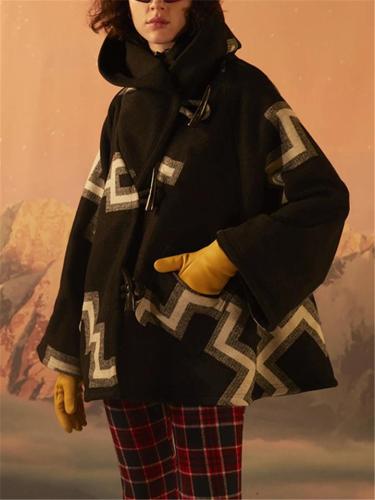 Loose Casual Printed Horn Buttons Woolen Aztec Jacket Overcoat For Women