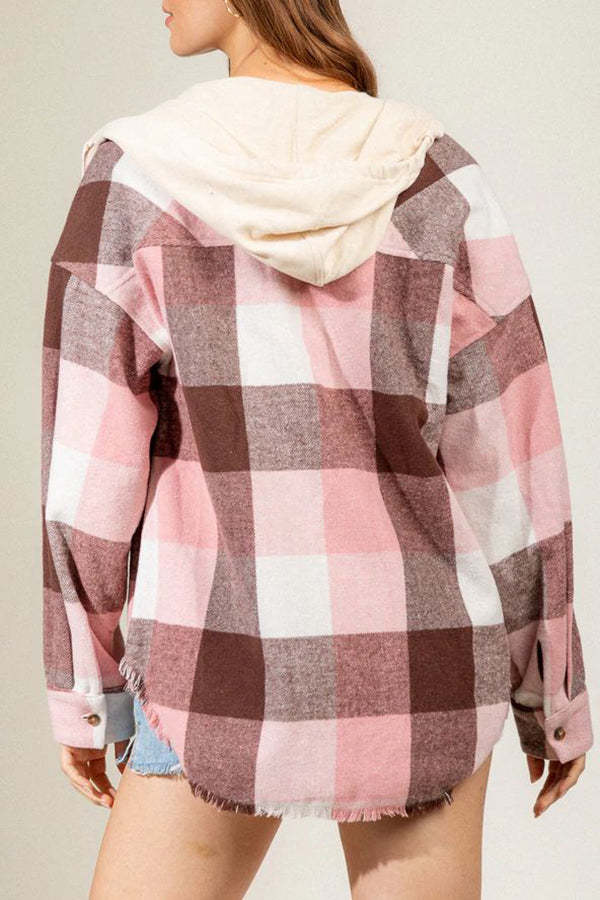 Brushed Long Sleeve Hooded Check Jacket Grid Plaid Jacket