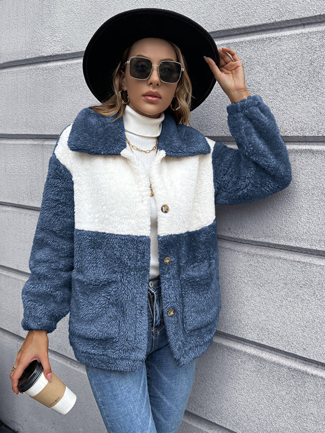 Double Sided Fleece Cropped Jackets Single Breasted Color Block Cardigan Jackets