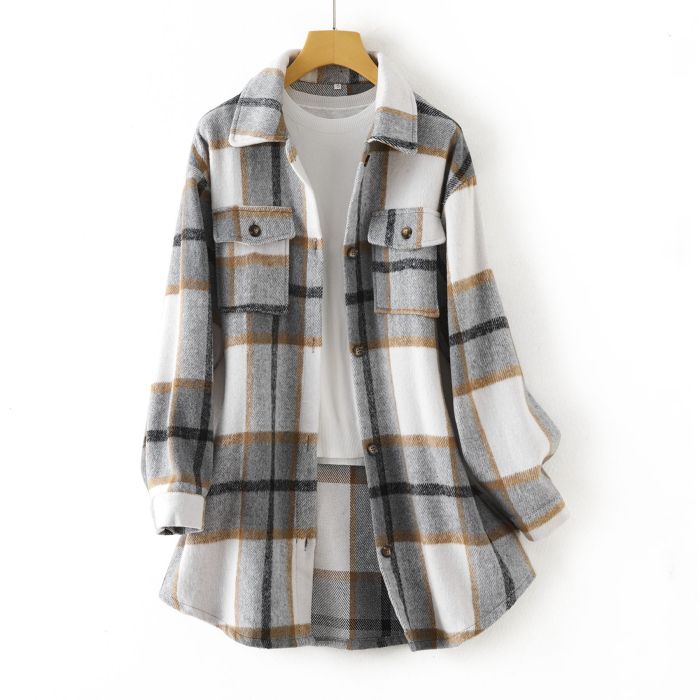 Women's Plaid Shacket INS Style Woolen Plaid Print Long Sleeve Jacket Mid-Length Check Shacket