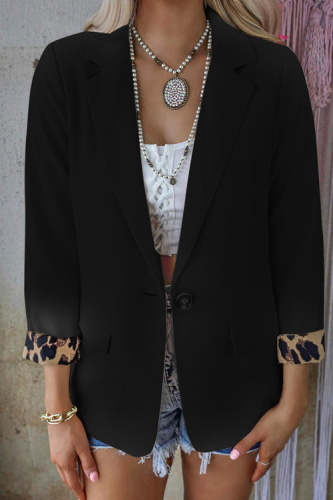 Rowangirl Fashion Leopard Lapel Long Sleeve Pockets Suit Coat