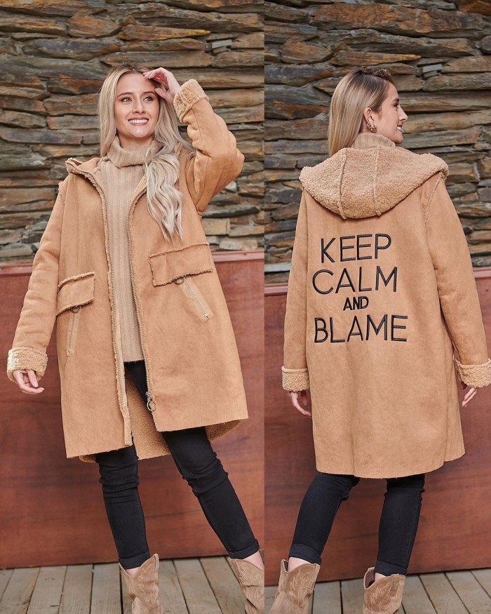 Women's Coat Mid Length Hooded Embroidered Letter Wool Coat with Pocket