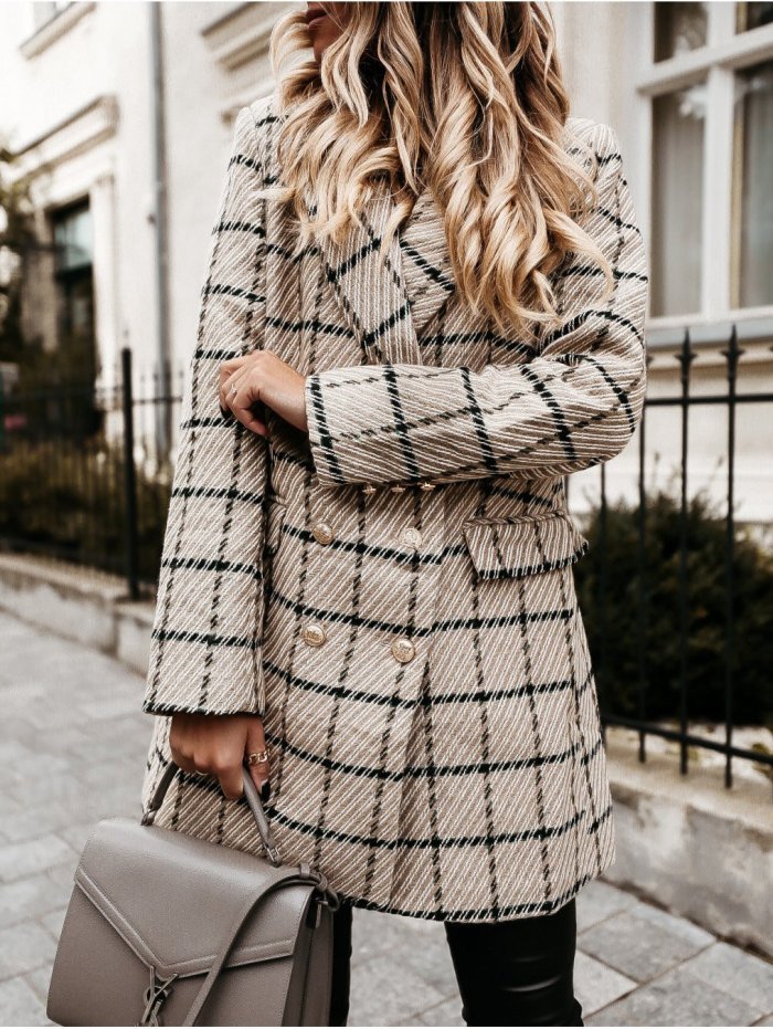 Women's Coats Check Double Breasted Long Sleeve Woolen Coat