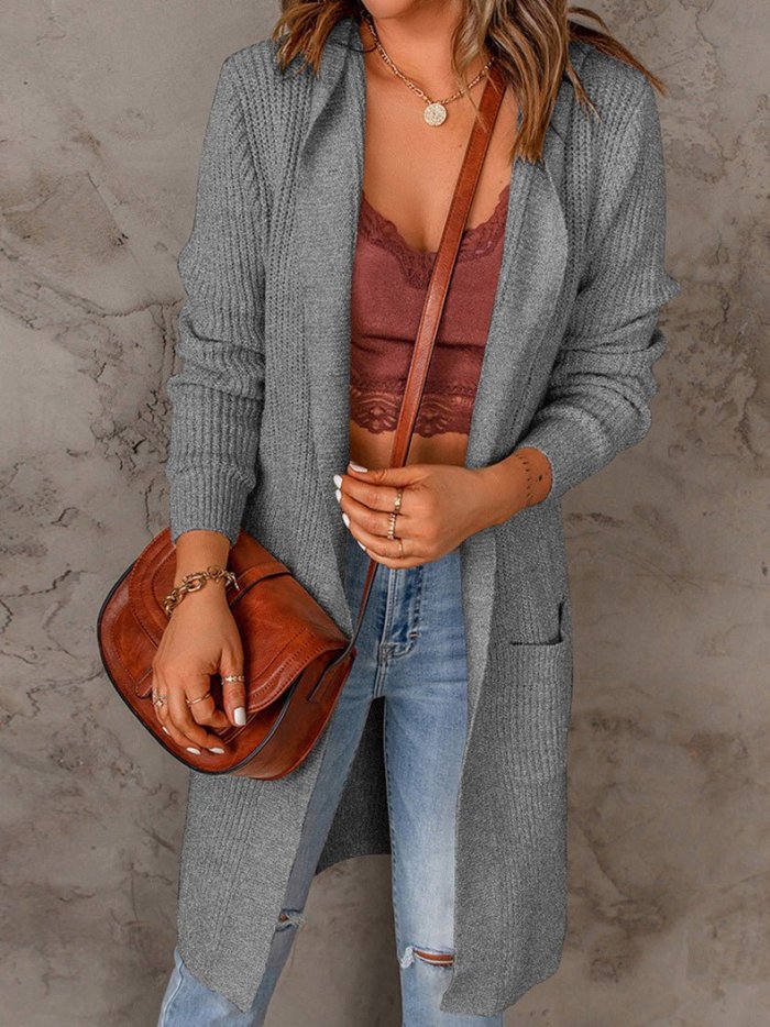 Women's Cardigans Solid Mid Length Long Sleeve Hooded Sweater Cardigan