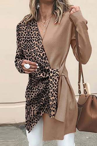 Rowangirl Bella Color Contrast Chic Fashion V Neck Long Sleeve Leopard  Coat