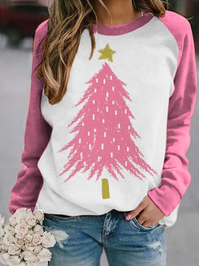 Women's Pink Christmas Tree Print Casual Sweatshirt