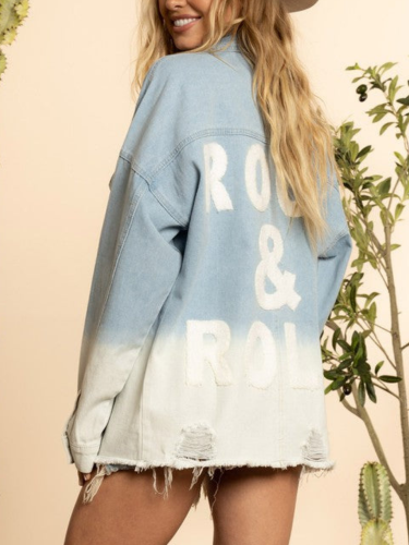Oversized Boyfriend Cut With  ROCK & ROLL At The Back Distressed Denim Jacket Vintage Color Matching Ripped Coat