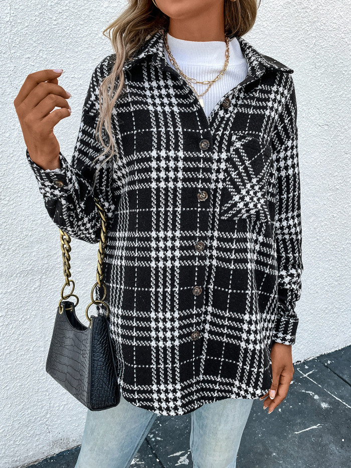Women's Plaid Shackets Checker Print Lapel Long Sleeve Black Jacket Outwear