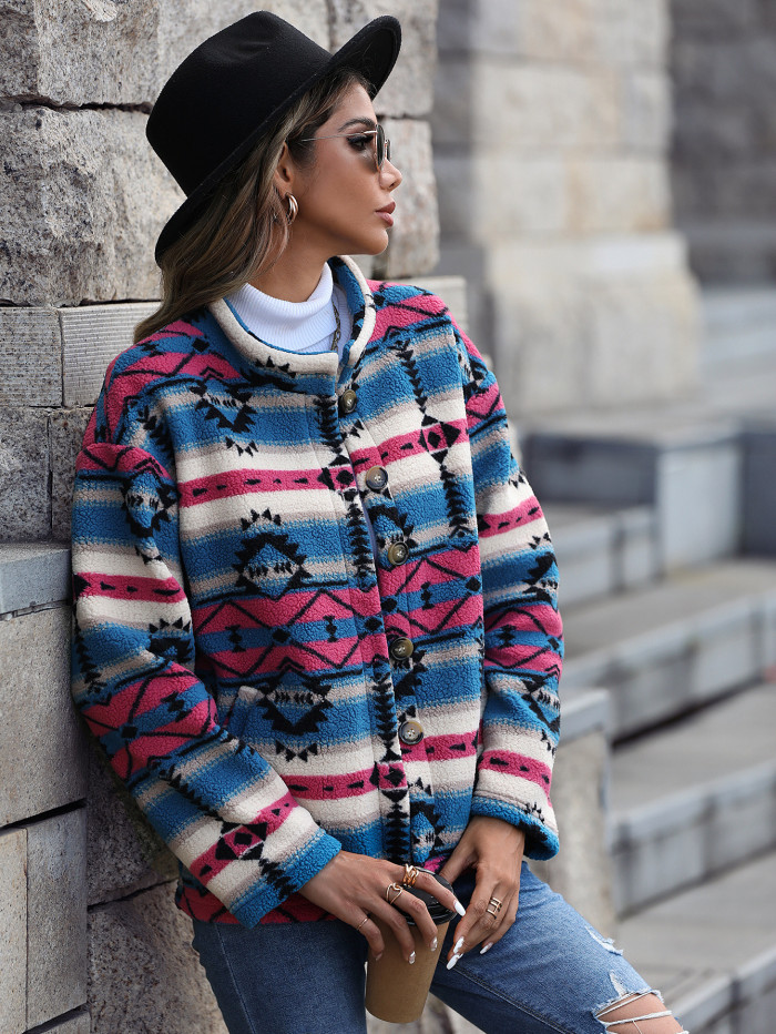 Women's Jacket Long Sleeve Oversized Single Breasted Geometric Print Ovelvet Aztec Jacket