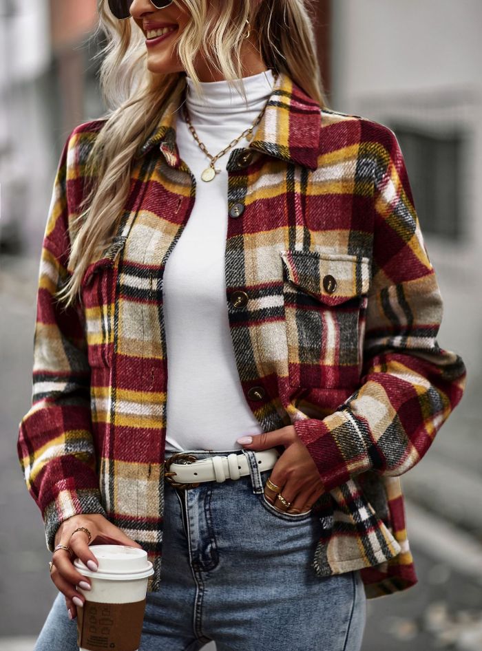 Women's Plaid Shacket Lapel Long Sleeve Thick Plaid Jacket Coat Outwear