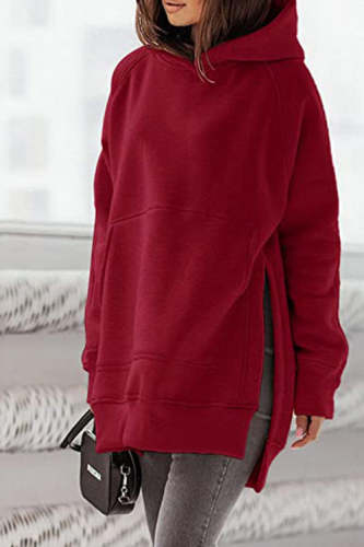 Rowangirl Fashion Solid Hooded Long Sleeve Side Split Hoodie