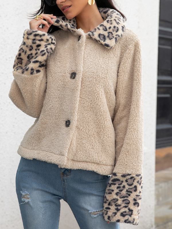 Womens Jacket Lapel Leopard Print Short Fleece Coat