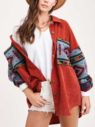 Aztec stitched printed Corduroy Jacket With Pocket Long Sleeve Women's Coat