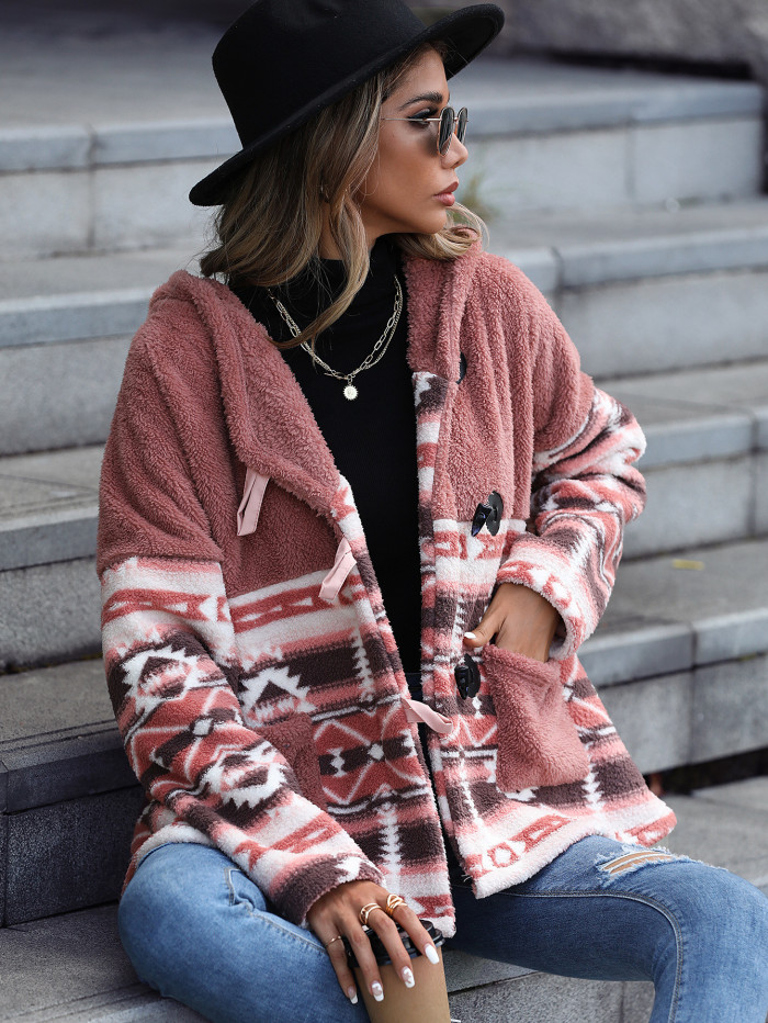 Women's Hooded Coat Long Sleeve Geometric Print Horn Buckle Midi Aztec Jacket