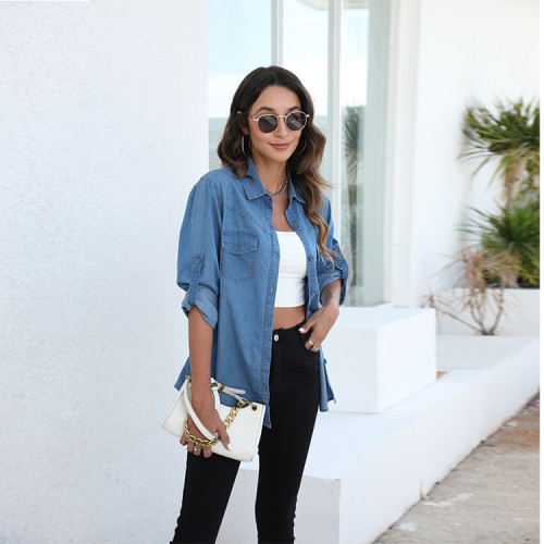 Women Casual Denim Shirt Cardigan Collar Single Breasted Long Sleeve Blue Denim Shirt