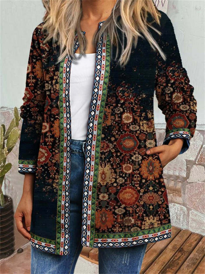 Women's Vintage Ethnic Aztec Print Long Sleeve Jacket Western Style With Trible Aztec Print Jacket