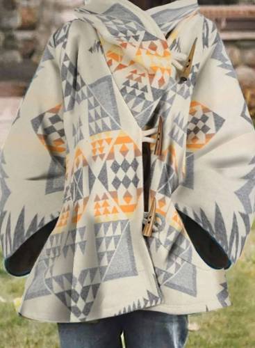 Bohemian Geometric Jacquard Hooded Horn Buckles Cropped Aztec Jacket & Coat