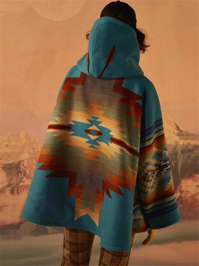 Women Beth Dutton Blue Hooded Poncho Jecket Indian Aztec Printed Horn Button Coat Dress Lile BethDutton/Kelly Reilly  Style