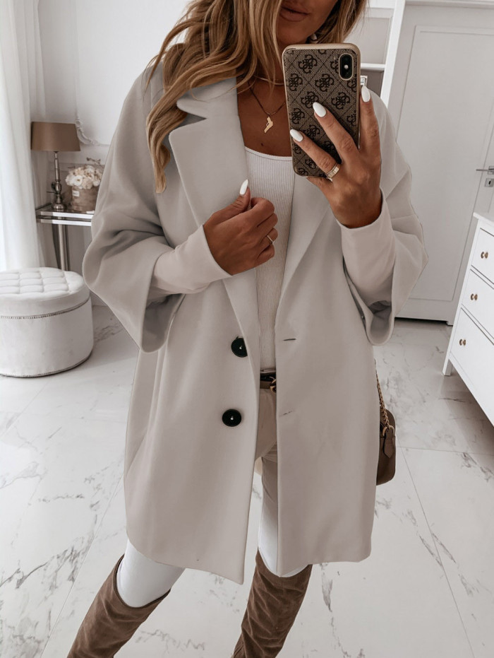 Three-Quarter Sleeve Turn Down Collar Overcoat Elegent Women Long Coat