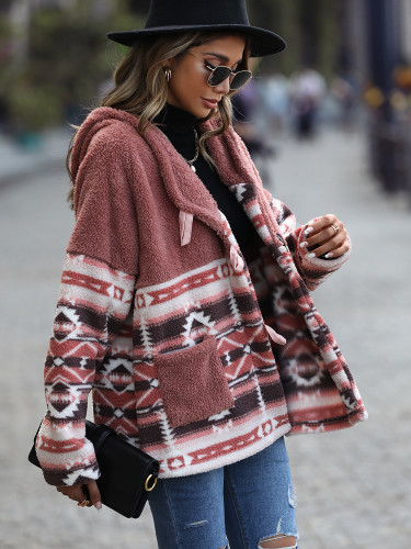 Women's Hooded Coat Long Sleeve Geometric Print Horn Buckle Midi Aztec Jacket