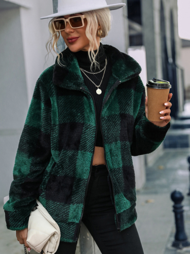 Long Sleeve Stand Collar Zipper Up Plaid Mid Length Fleece Jacket for Women