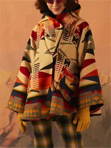 Women's Long Sleeve Rhombus Printed Hoodie Woolen Aztec Jacket & OverCoat