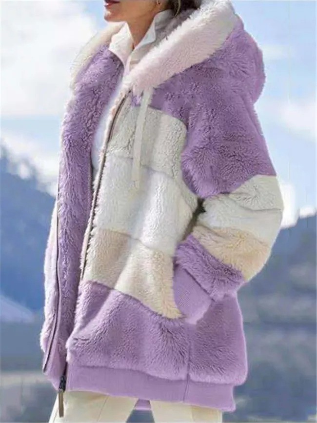 Women's Cozy Zipper Up Pocket Drawstring Hooded Fur Coat