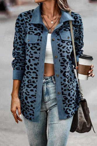 Rowangirl Fashion Casual Leopard Long Sleeve Buttons Slim Shirt Coat