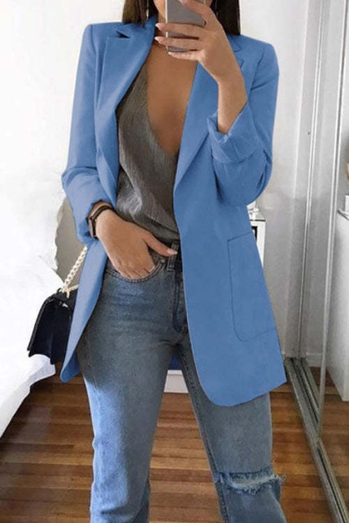 Rowangirl Chic Solid Lapel Long Sleeve Pockets Slim Suit Coat