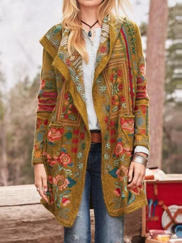 Print Long Sleeve Mid-Length Women Aztec Jacket & Coat