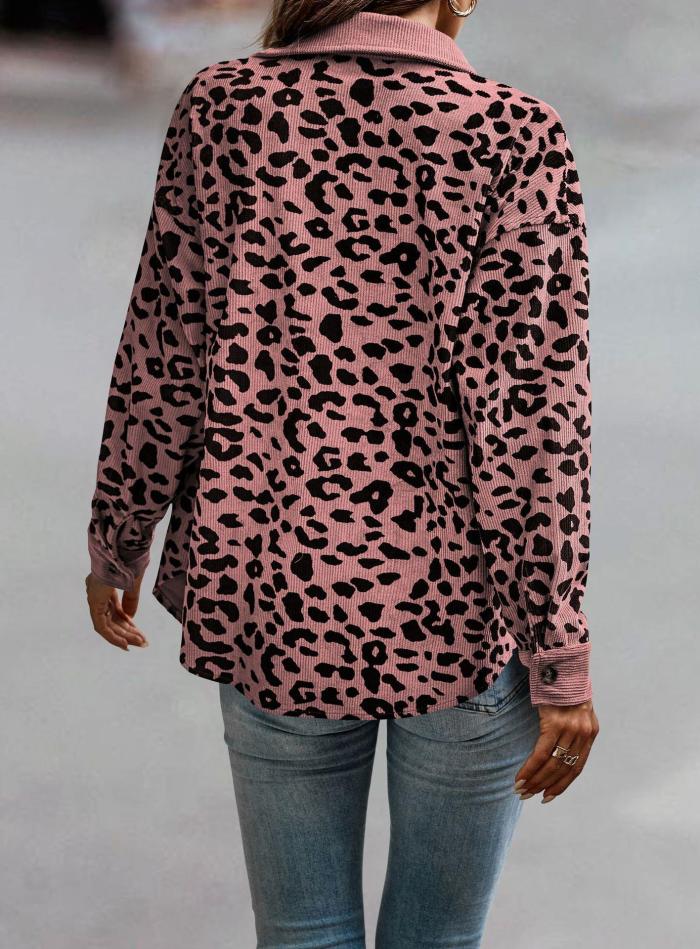Women Corduroy Shacket Leopard Print With Pocket ButtonDown Long-Sleeved Vintage Pink Blue Color Women's Coat