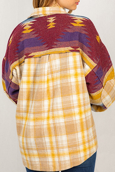 Plaid Aztec Patchwork Pockets Shirt Jacket