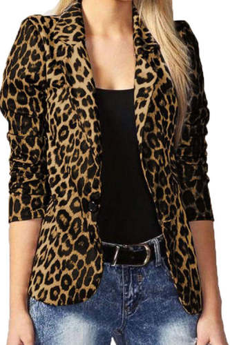 Rowangirl Chic Leopard Lapel Long Sleeve Slim Suit Coat