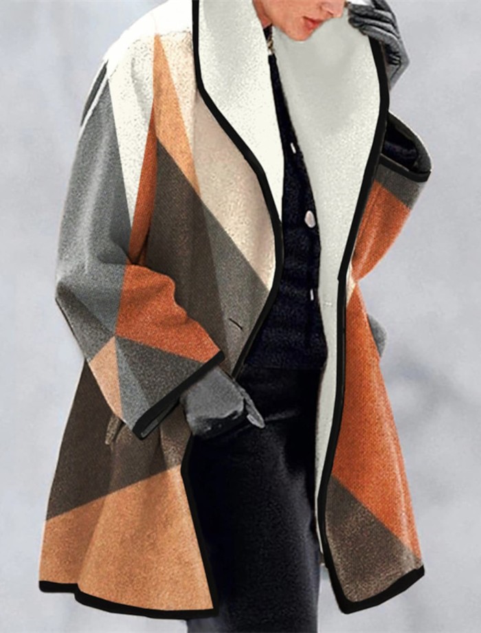 Women Fall Winter Orange Vintage Patchwork Color Trench Long Coat Long Sleeve Coat  5XL Oversize Lapel Coat
