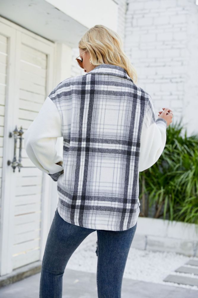 Women's Jacket Lamb Wool Long Sleeve Plaid Pocket Warm Wool Jacket