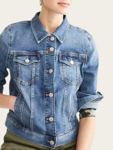 Women Blue Light Wash Denim Jacket Front Button with Pocket