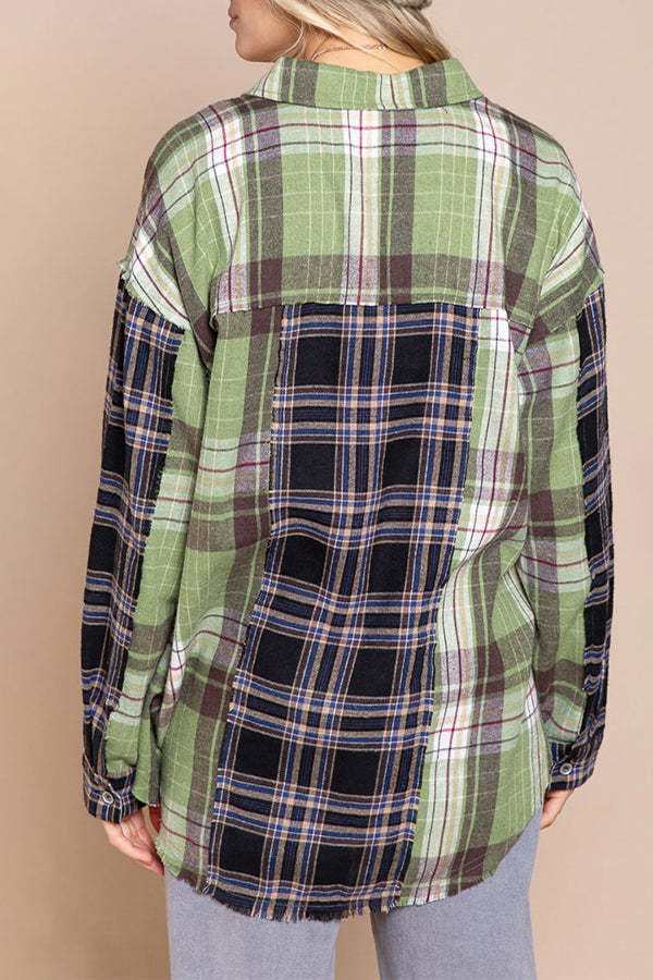 Check Single-breasted Button Casual Shirt Grid Plaid Style Long Sleeve Loose Jacket Shirt