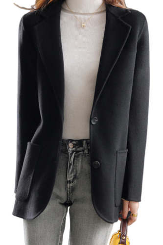 Rowangirl Fashion Chic Solid Lapel Long Sleeve Buttons Slim Coat