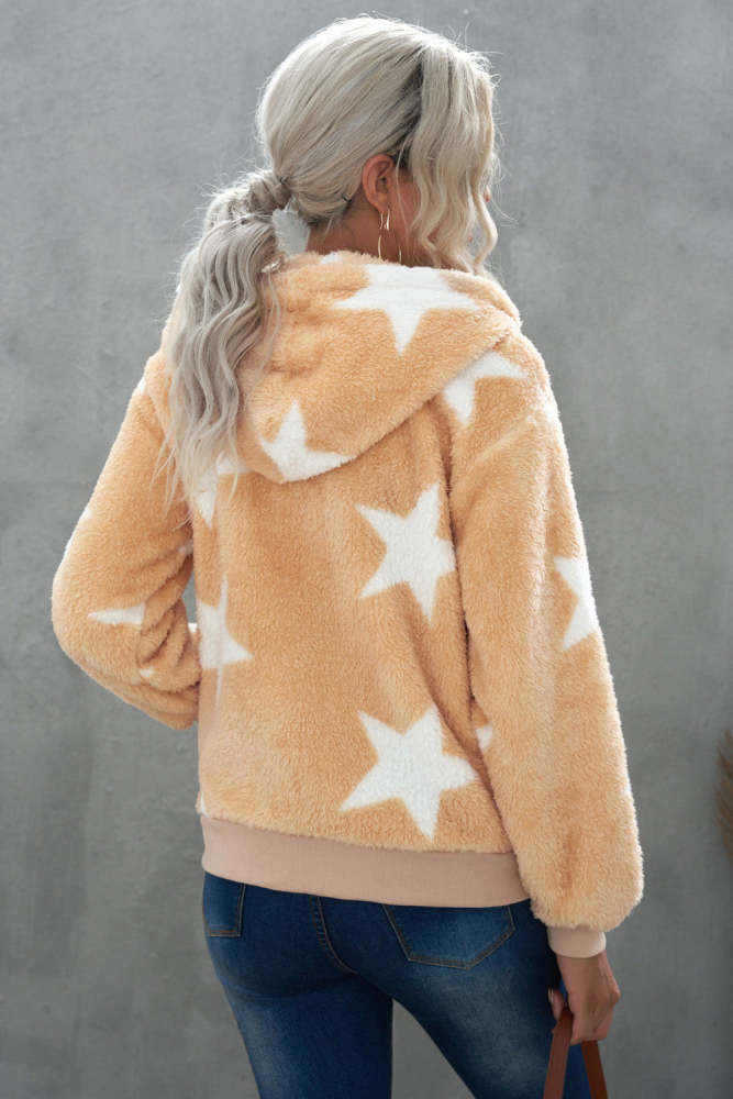 Star Print Zipper Fleece Hooded Coat