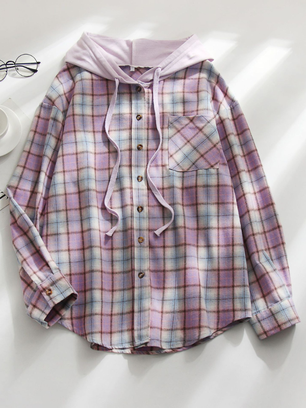 Women's Plaid Shirt Hooded Long Sleeve Casual Fall Outfit Plaid Shirt