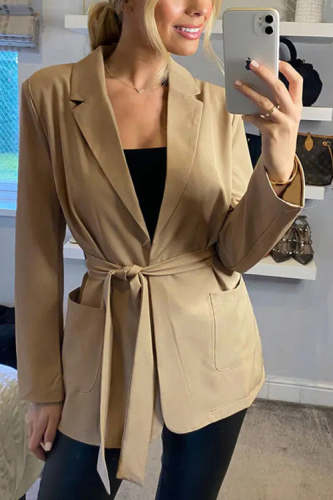 Rowangirl Fashion Solid Lapel Long Sleeve Lace Up Slim Suit Coat