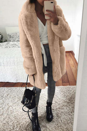 Rowangirl Autumn Winter Fashion Plush Solid Long Sleeve Pockets Coat