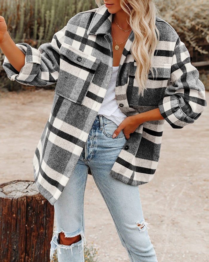 Women's Plaid Coat Lapel Long Sleeve Oversize Plus Size Plaid Jacket Coat