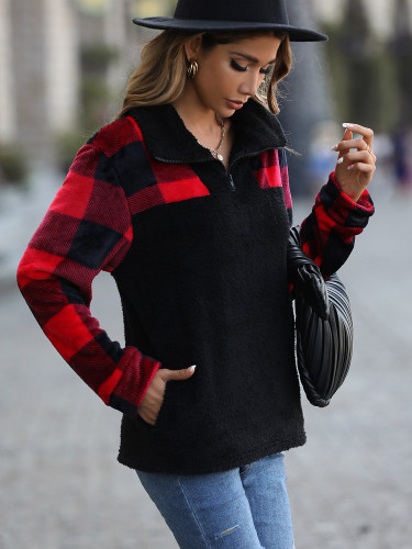 Women's Sweatshirt Long Sleeve Lapel Half Zipper Warm Fleece Pullover Check Sweatshirt Coat