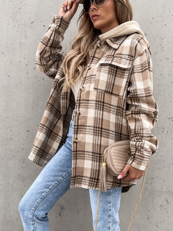 Womens Plaid Jacket Lapel Single Breasted Check Hoodie Shacket with Detachable Hoody